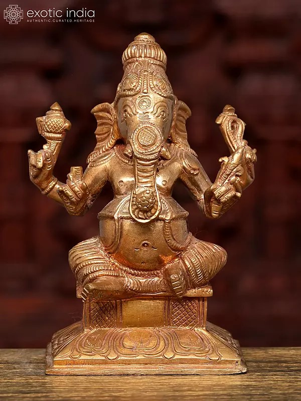 5" Small Vighnaharta Ganesha Seated on Lotus Pedestal | Bronze Statue