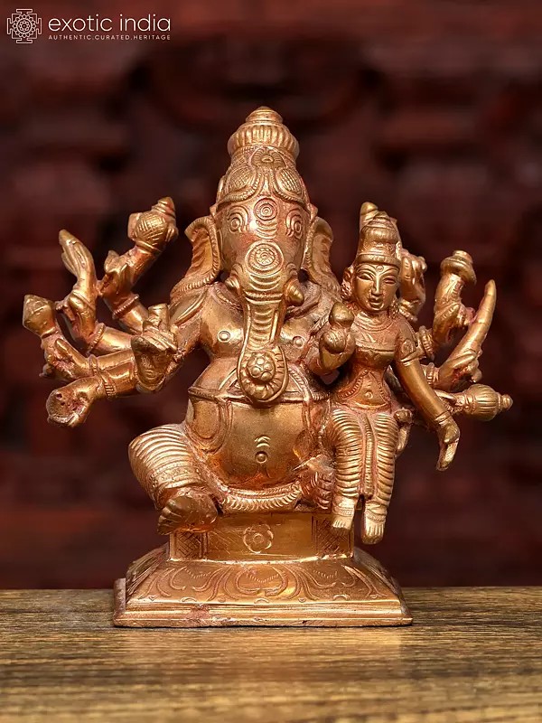5" Small Eight Armed Vighnaharta Ganesha with Divine Consort Siddhi | Bronze Statue