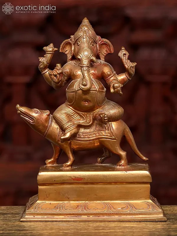 6" Small Four Armed Lord Ganesha Seated on Mushak | Bronze Statue