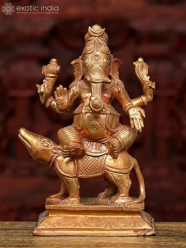6" Small Lord Ganesha Seated on Mushak in Blessing Gesture | Bronze Statue