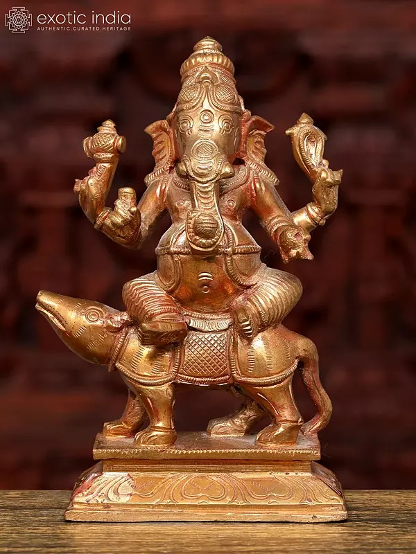 6" Small Lord Ganapati Seated on Rat | Bronze Statue