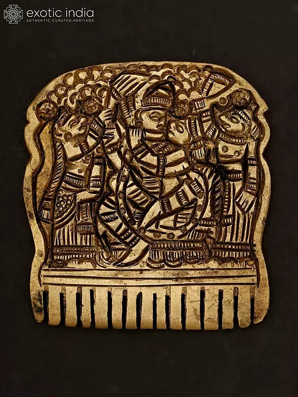 2" Small Brass Decorative Comb with Radha Krishna and Gopis
