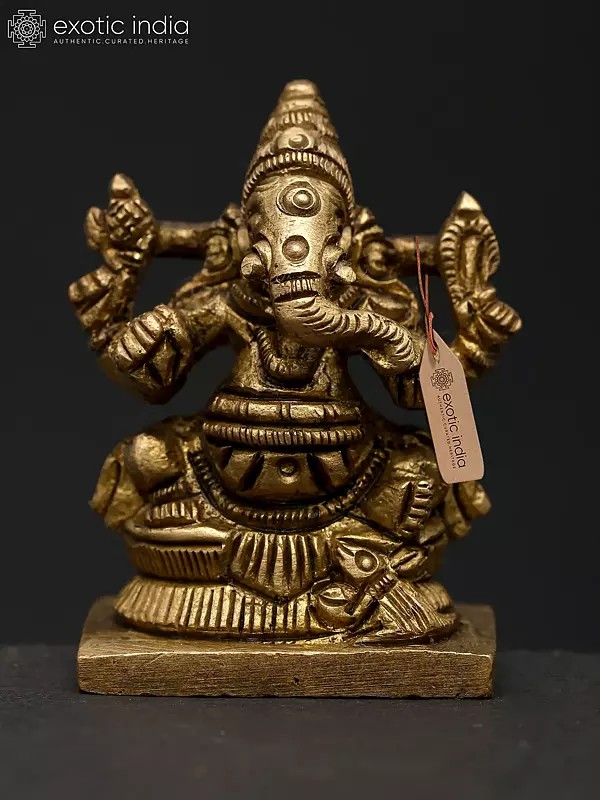 1" Small Seated Idol of Chaturbhuja Lord Ganesha | Made in India