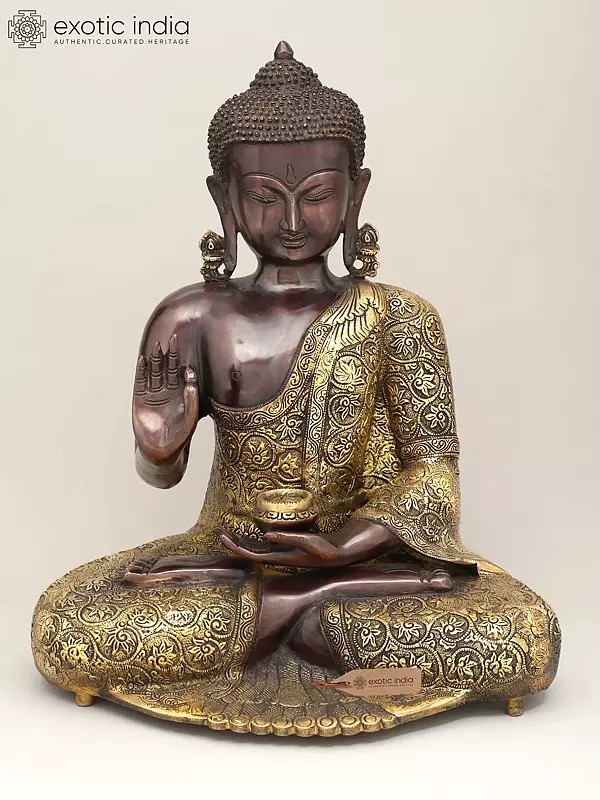 17" Lord Buddha Seated in Vitark Mudra with Floral Carving on Robe | Brass Statue
