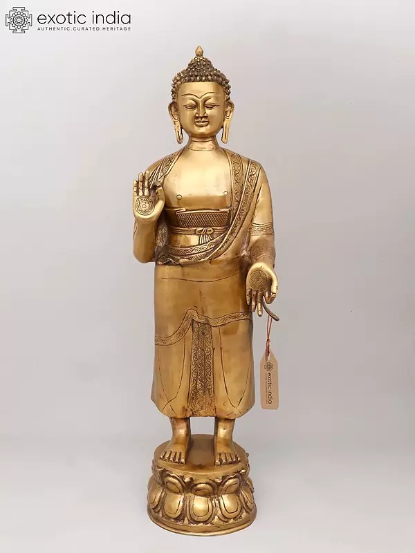 37" Large Standing Lord Buddha in Abhaya and Varada Mudra | Brass Statue