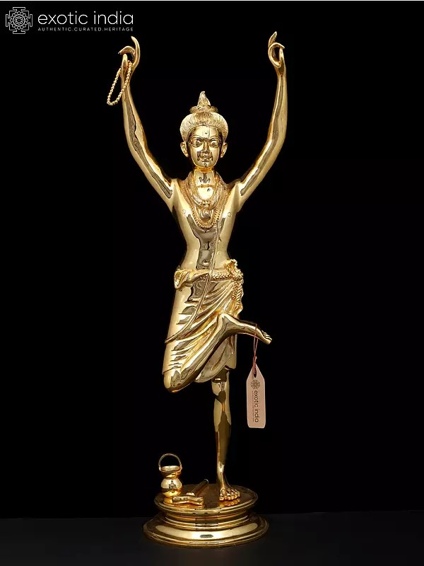 26" Swaminarayan (Sahajanand Swami) Idol in Graceful Pose | Brass Statue with Gold Finish