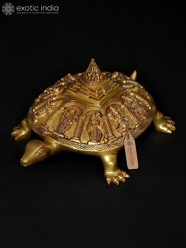 13" Vastu Tortoise with Dashavatara and Yantra on Top | Ritual Brass Item