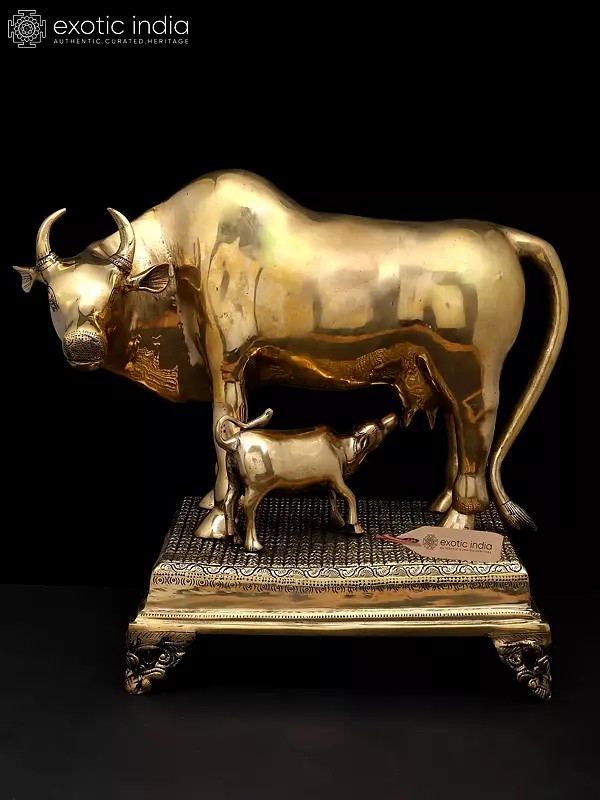 19" Cow and Calf on Pedestal | Brass Statue