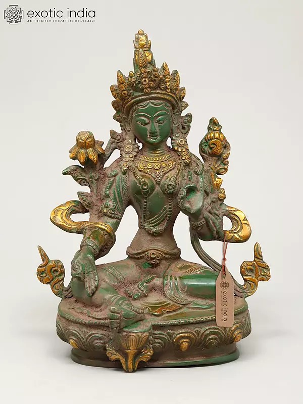 8" Tibetan Buddhist Goddess Green Tara | Brass Statue