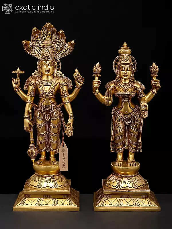 18" Four Armed Standing Lakshmi Narayan (Vishnu Lakshmi) Pair | Brass Statues
