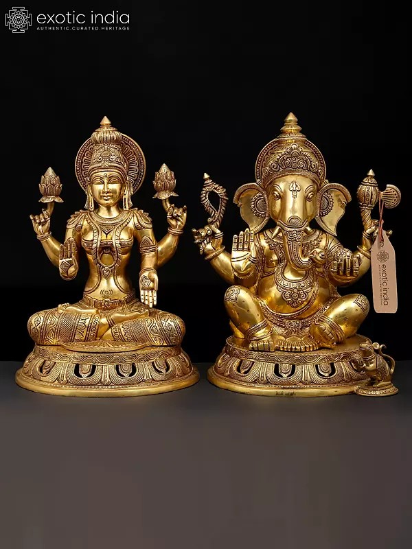 18" Four Armed Blessing Lakshmi - Ganesha Pair | Brass Statues