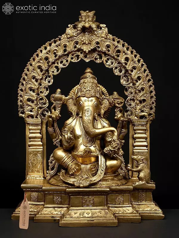 17" Chaturbhuja Lord Ganesha Seated on Kirtimukha Throne | Hoysala Bronze Statue