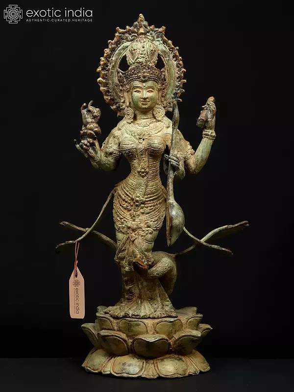 14" Standing Devi Saraswati - Goddess of Knowledge, Art and Speech | Balinese Brass Statue
