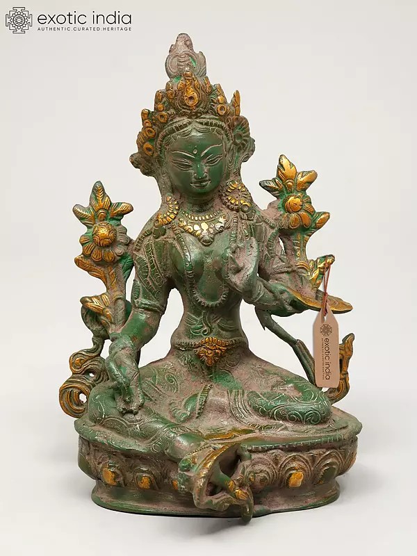 8" Tibetan Buddhist Goddess Green Tara | Brass Idol