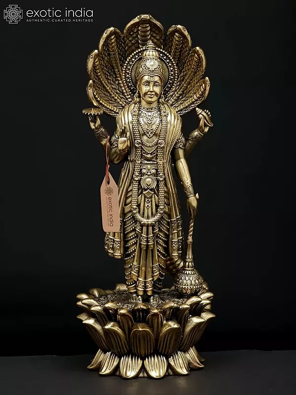 11" Superfine Standing Four Armed Shri Hari Vishnu with Protected Sheshnag | Brass Statue