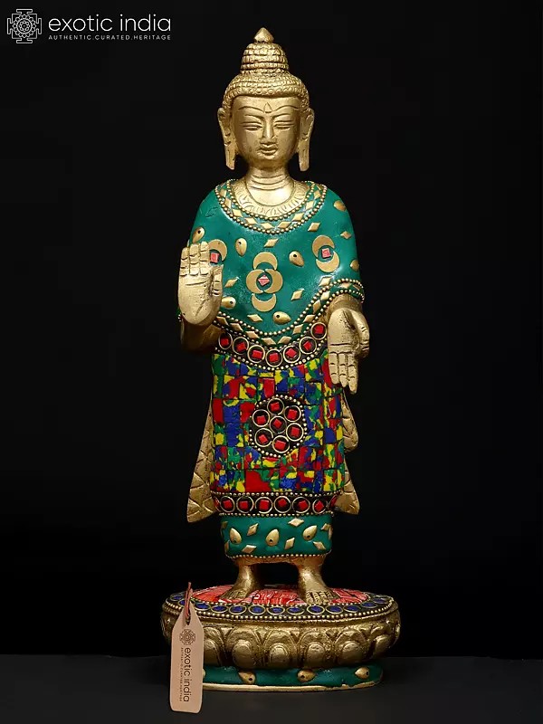 11" Standing Lord Buddha in Abhaya and Varada Mudra | Brass Statue with Inlay Work