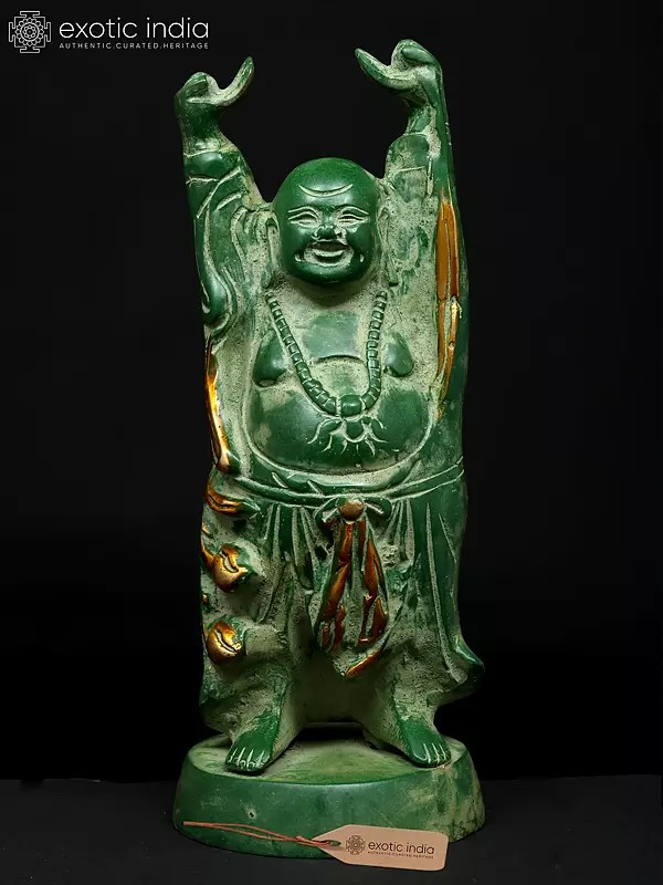 9" Prosperity Laughing Buddha with Uplifted Hands | Brass Statue