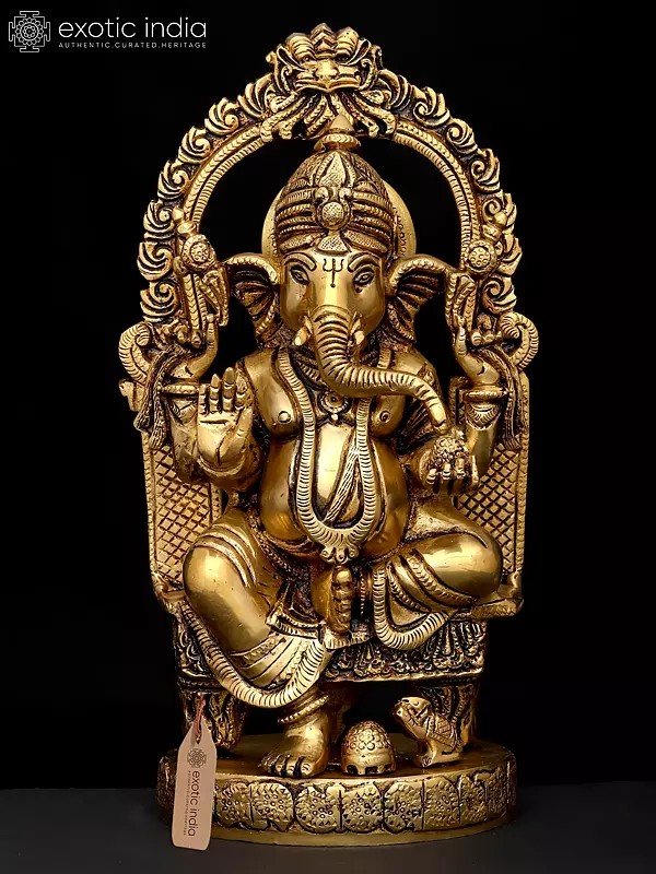 10" Four Armed Blessing Lord Ganesha Seated on Kirtimukha Throne | Brass Statue