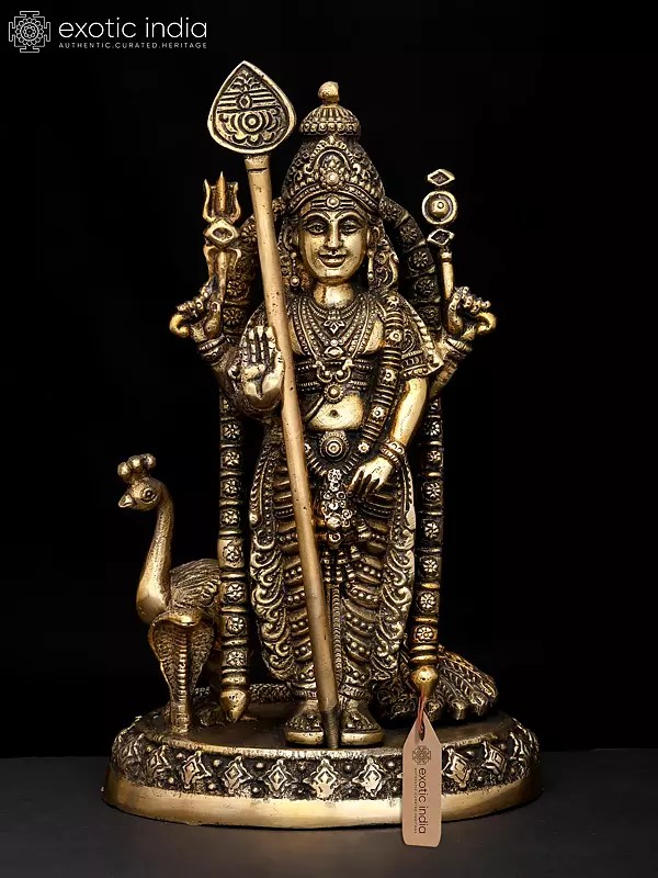 9" Standing Lord Murugan (Karttikeya) in Blessing Gesture | Brass Statue