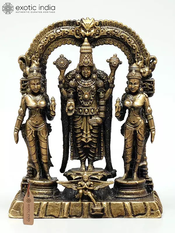 3" Small Superfine Lord Tirupati Balaji Standing on Kirtimukha Arch with Sridevi, Bhudevi and Garuda | Made in Coimbatore | Ideal for Puja
