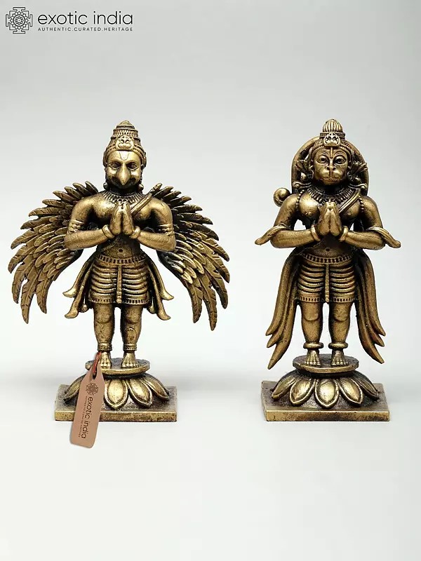 Small Superfine Pair of Lord Hanuman and Garuda Standing in Namaskar Gesture