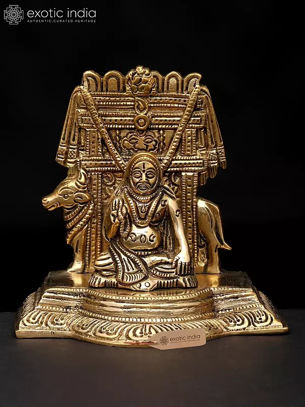4" Small Shri Raghavendra Swami with Kamadhenu Cow | Brass Statue