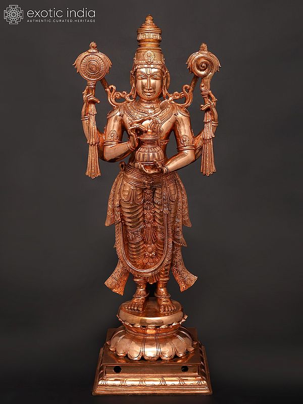 31" Large Lord Vishnu as Dhanvantari with Amrit Kalash: The Physician of The Devas | Solid Copper Statue