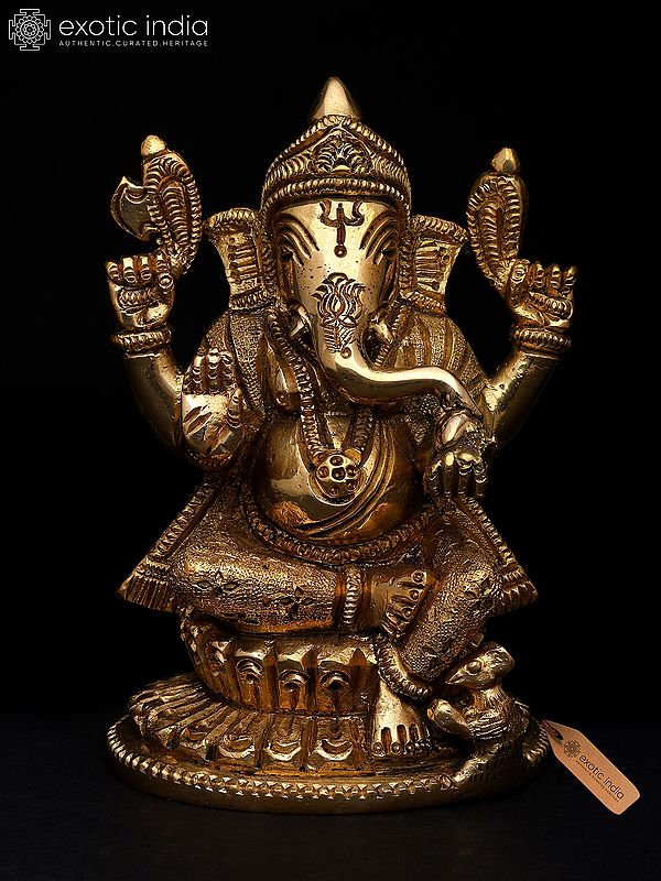 5" Small Chaturbhuja Lord Ganesha – Remover of Obstacles | Brass Sculpture