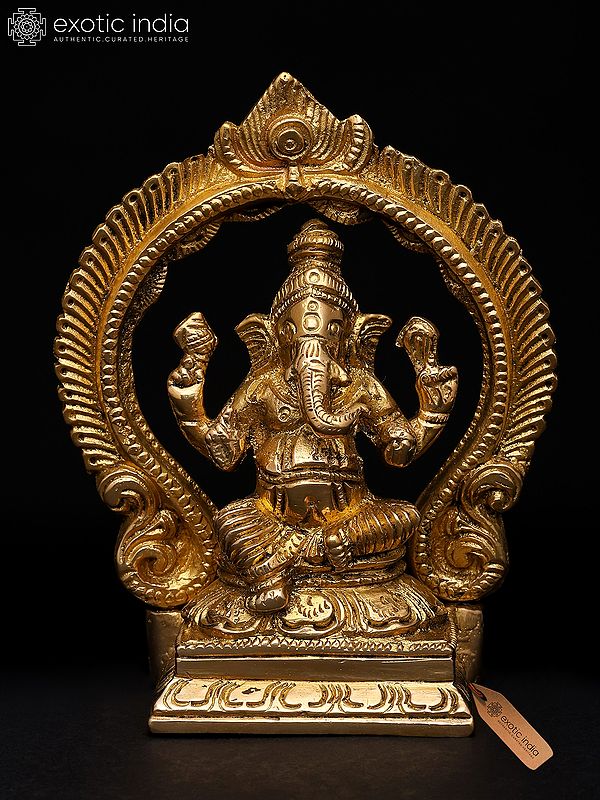 4" Small Lord Ganesha Seated Under The Temple Arch | Brass Statue