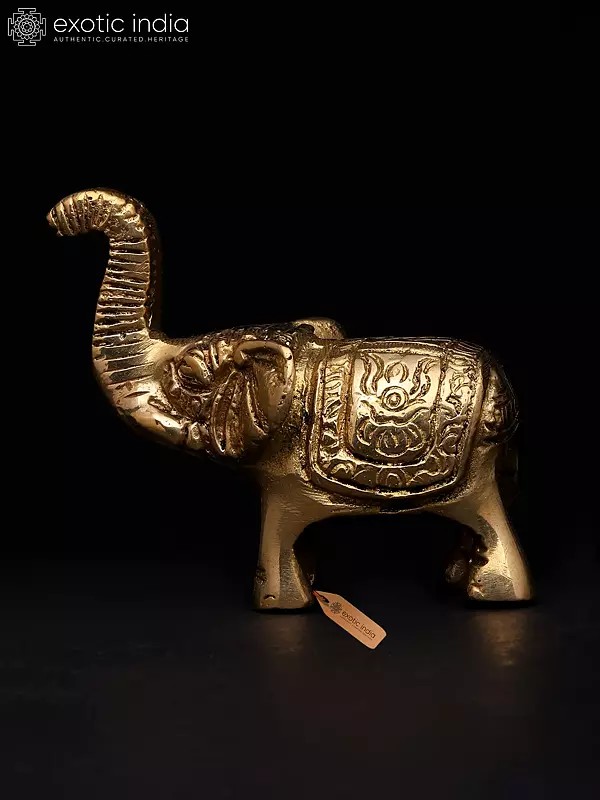 2" Small Royal Elephant with Upraised Trunk and Carvings | Brass Statue