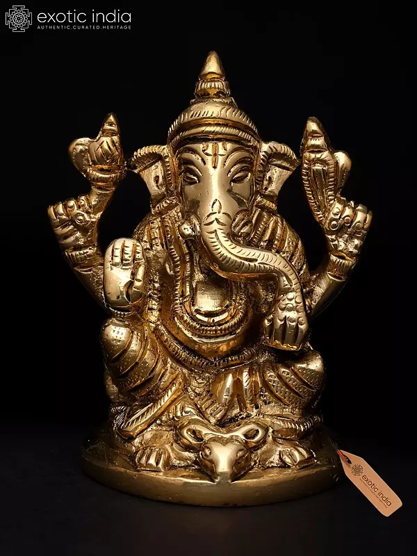 3" Small Lord Ganesha Seated on Mushak – The Divine Four-Armed Form | Brass Sculpture