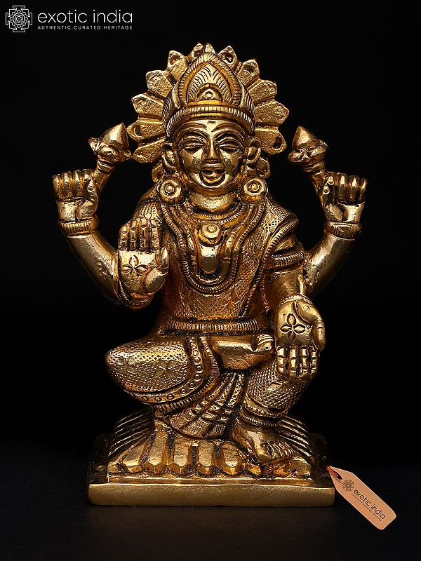 4" Small Four Armed Goddess Lakshmi Seated on Pedestal | Brass Idol