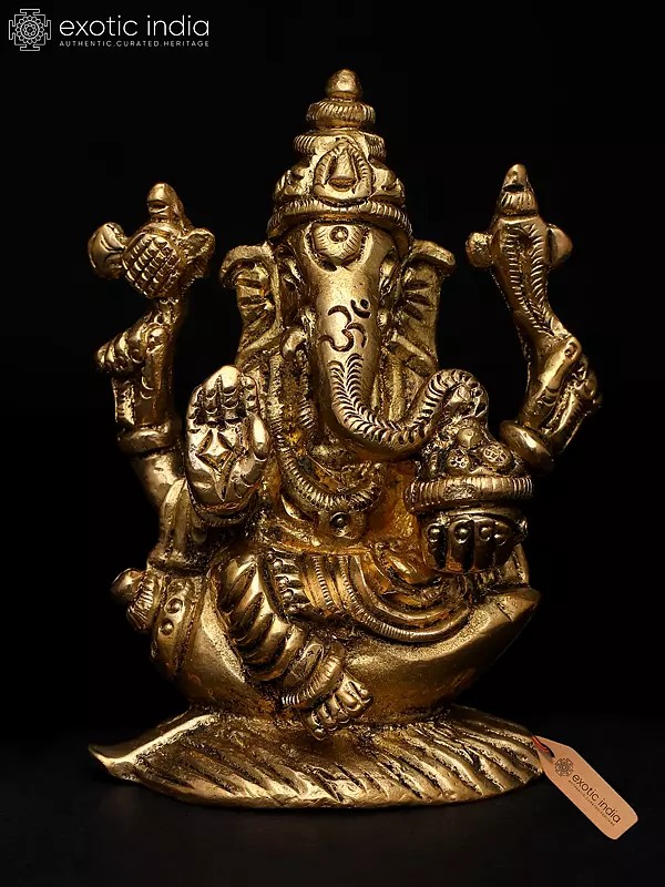 3" Small Chaturbhuja Ganesha Seated on Conch | Brass Sculpture