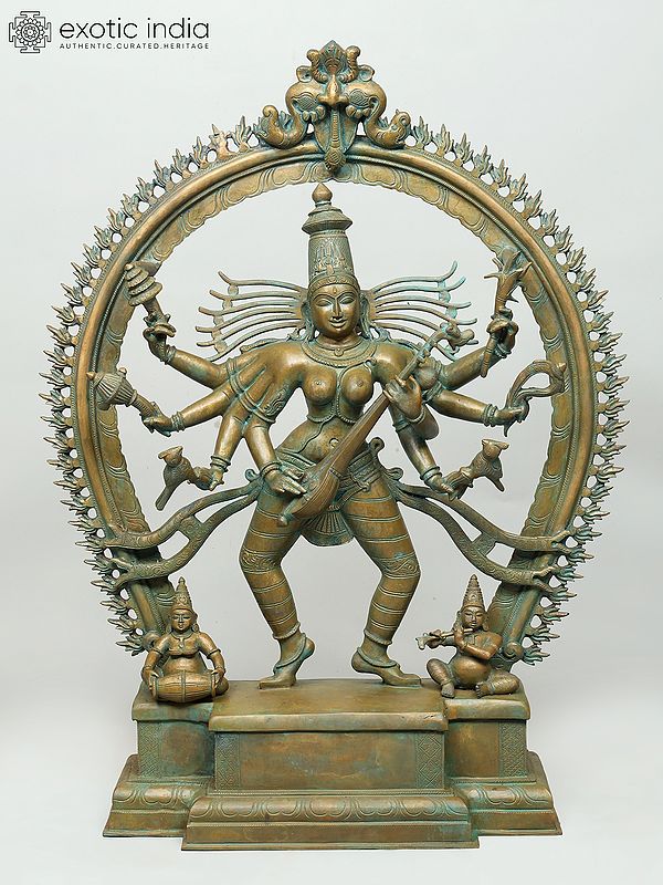 38" Large Eight Armed Dancing Mahavidya Goddess Matangi with Kirtimukha Prabhavali - Tantrik Form of Goddess Saraswati | Madhuchista Vidhana (Lost-Wax) | Panchaloha Bronze from Swamimalai
