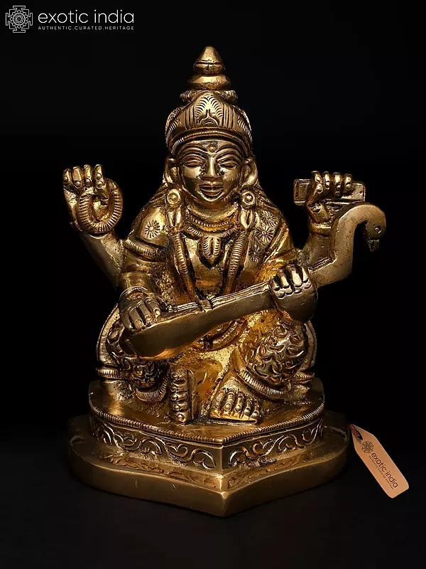 4" Small Goddess Saraswati – The Divine Source of Wisdom and Music | Brass Idol