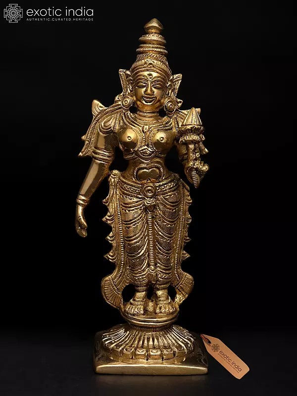 6" Small Goddess Lakshmi Standing of Pedestal with Lotus | Brass Idol