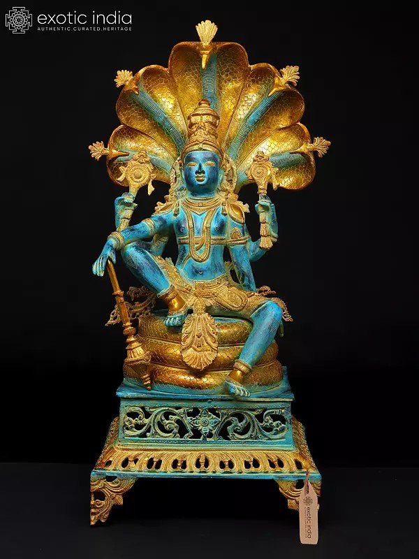 28" Blue and Gold Four Armed Lord Vishnu Seated on Sheshnag | Brass Statue