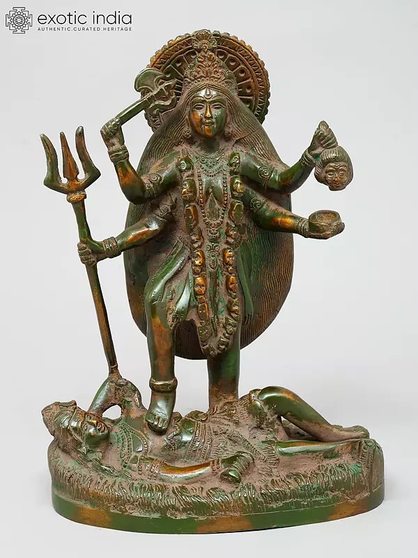 9" Four Armed Hindu Goddess Kali Standing on Lord Shiva | Brass Statue