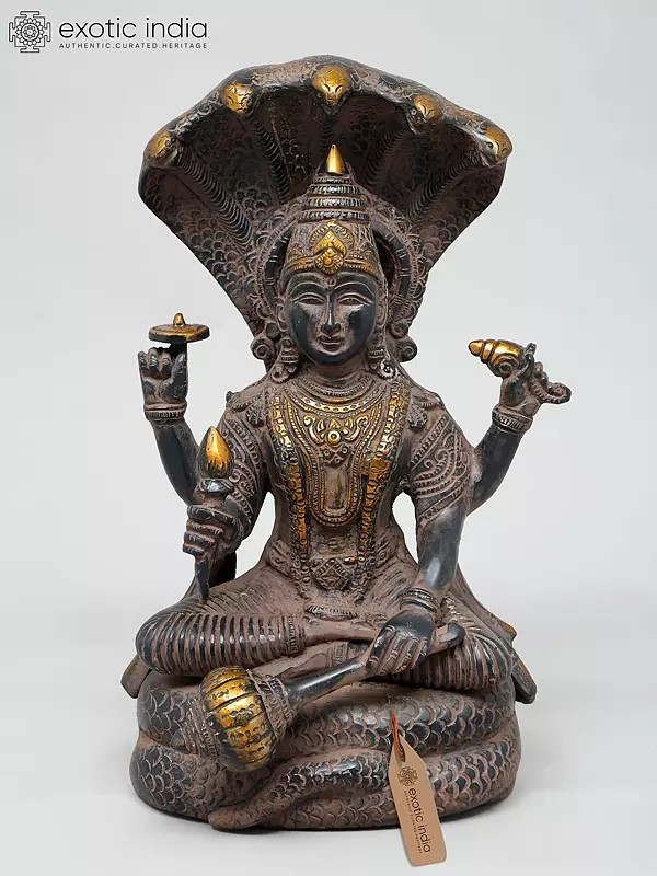 12" Four Armed Lord Vishnu Seated on Sheshnag | Brass Statue | Handmade | Made In India