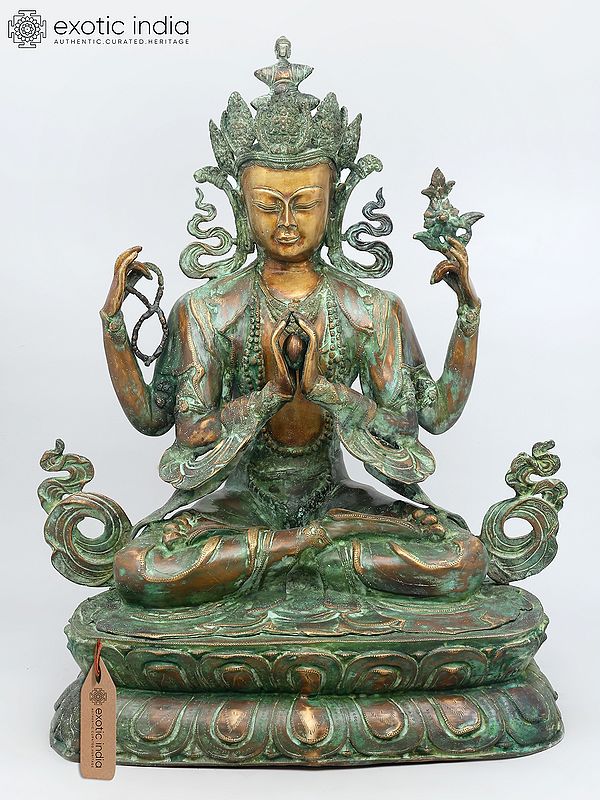 28" Tibetan Buddhist Deity - Chenrezig (Four Armed Avalokiteshvara) | Brass Statue