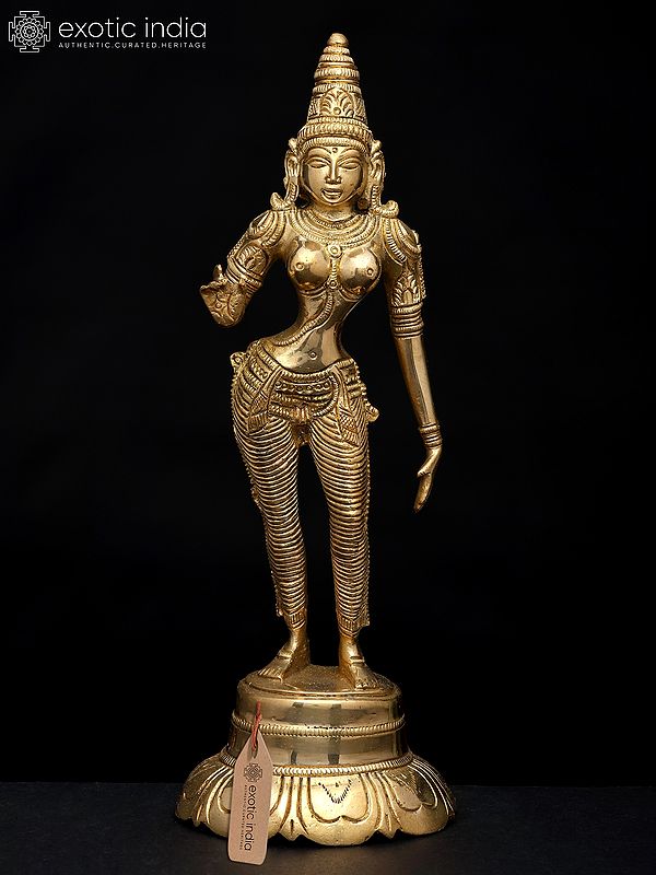 9" Goddess Uma (Parvati) Standing on Lotus Pedestal | Brass Statue