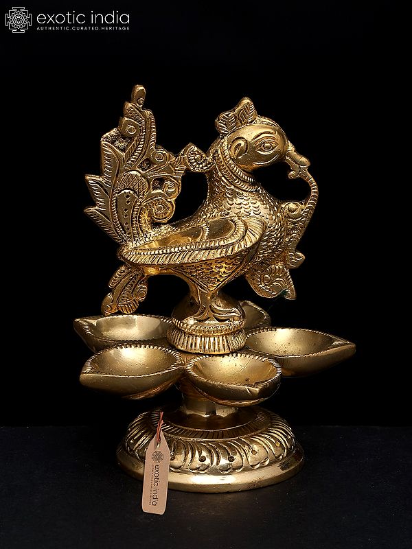 5" Five Wicks Peacock Design Oil Lamp (Deepam/Diya) in Brass