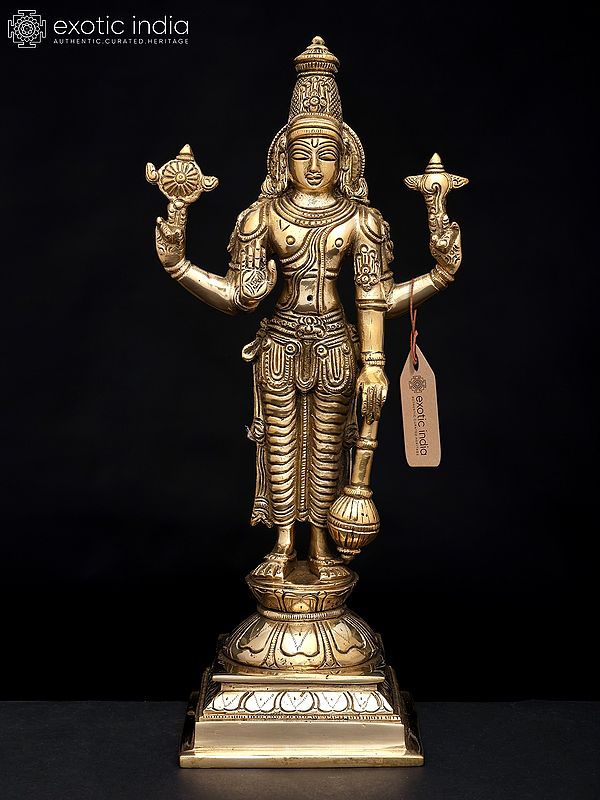 12" Chaturbhuja Lord Vishnu with Conch, Chakra, Mace and Lotus | Brass Sculpture