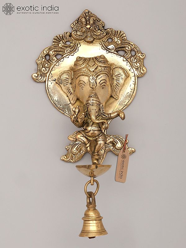 9" Lord Ganesha Wall Hanging Brass Oil Lamp with Bell