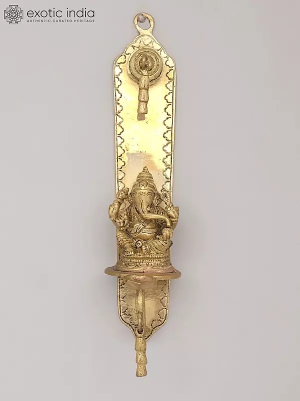 9" Traditional Wall Mounted Ganesha Oil Lamp With Bell in Brass