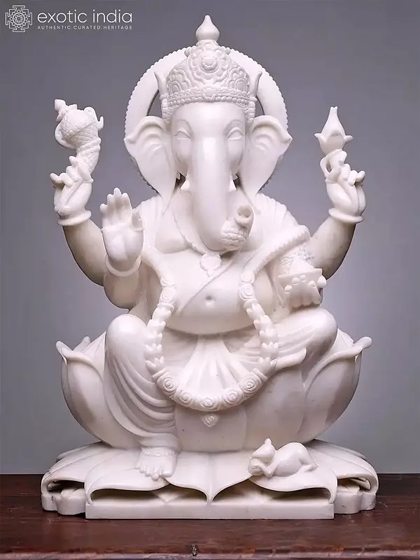 11" Four Armed Lord Ganapati Seated on Lotus With Mushak | White Marble Statue For Temple