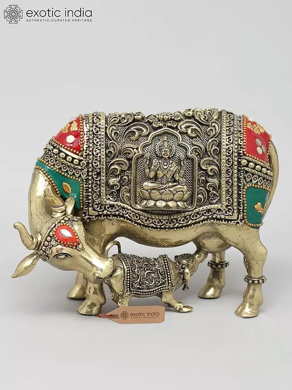 6" Small Superfine Cow and Calf with Ganesha Lakshmi Carving | Brass Statue with Inlay Work