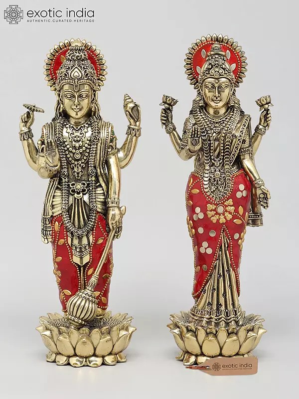 10" Standing Four Armed Lakshmi - Narayan (Vishnu - Lakshmi) in Blessing Gesture | Brass Statues with Inlay Work