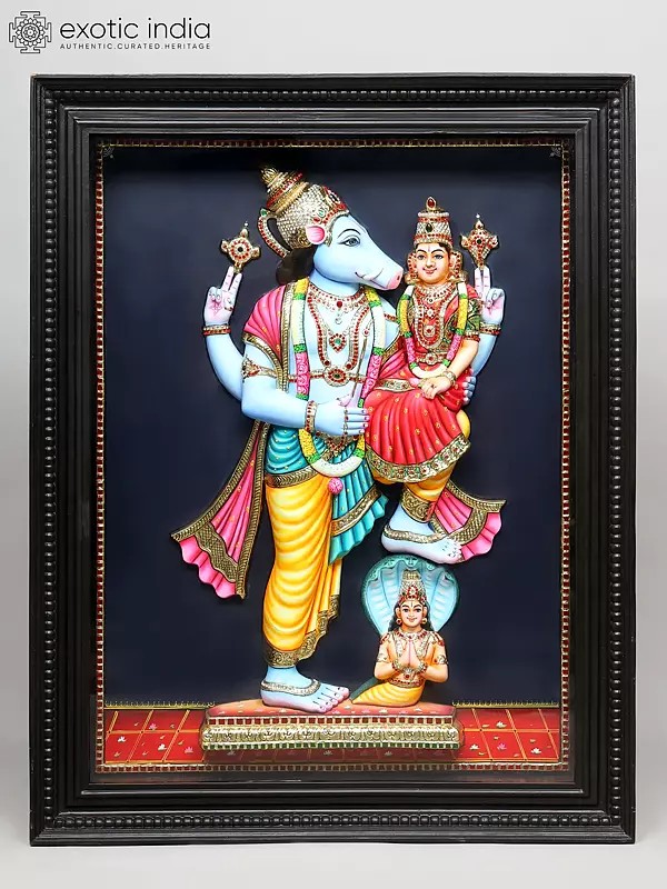 45" Lord Varaha with Devi Lakshmi | Embossed Tanjore Painting with Gold Work with Frame