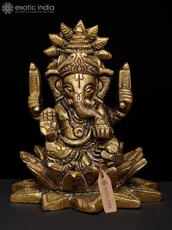 3" Small Divine Ganpati in Blessing Pose with Seated on Lotus | Brass Sculpture